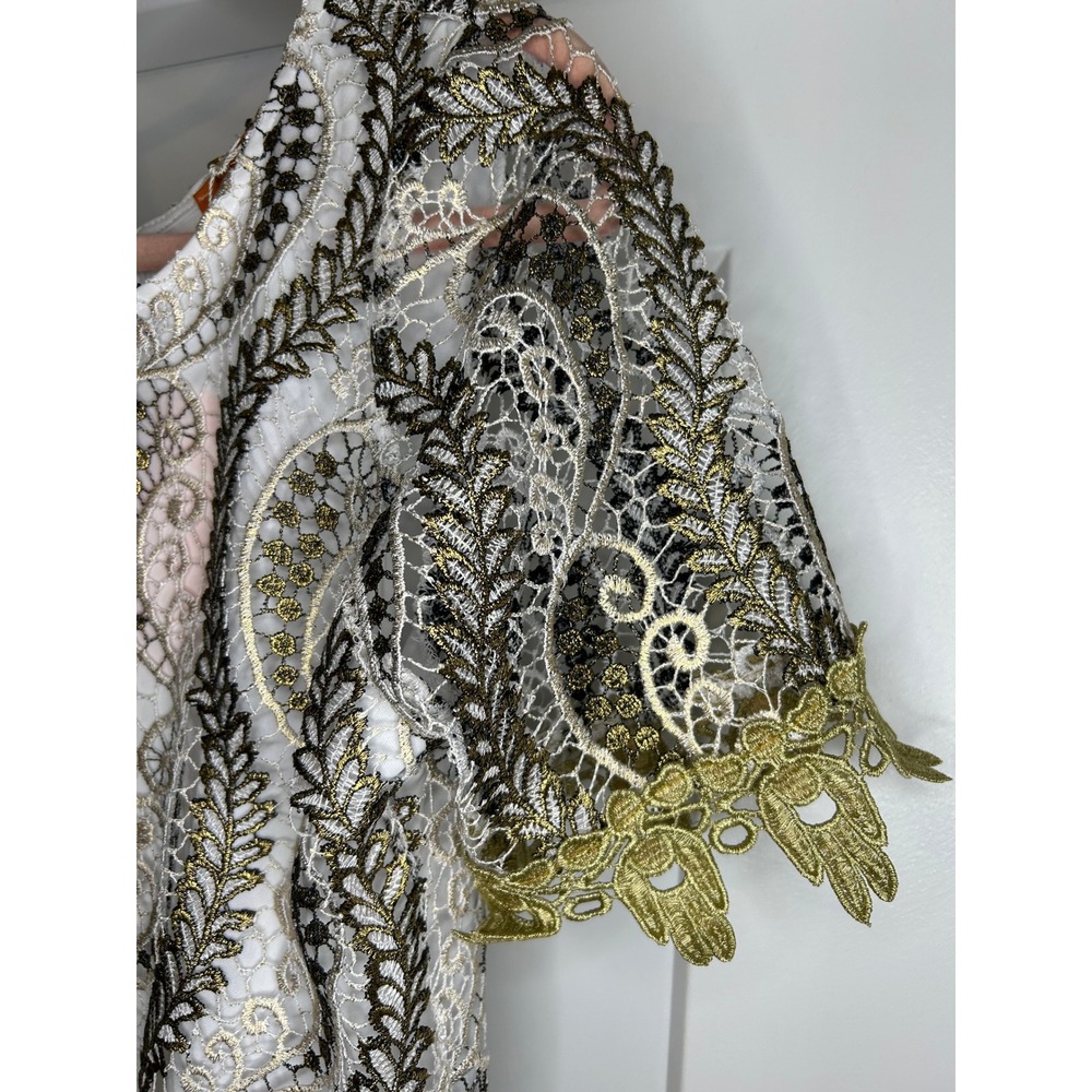 NEW Voom Joy Han Womens Metallic Gold Lace Embroidered Top White Medium Boho - Picture 2 of 8